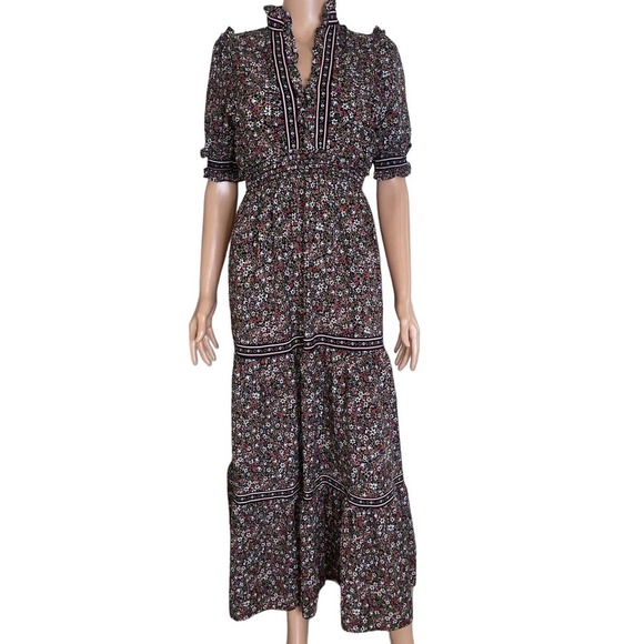 Max Studio Elbow Length Sleeve Print Tiered Maxi Dress SZ M brown floral - Picture 2 of 10